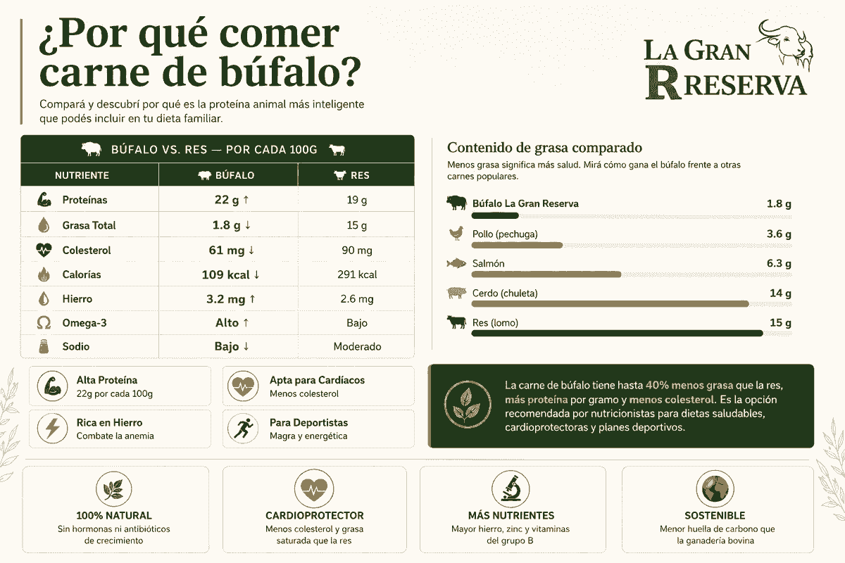Discover the quality of our buffalo meat Buffalo meat company in Guatemala called "The Great Reserve". Rustic and countryside style, brown and green colors. Sections: hero with photo, product catalog, about us, nutritional benefits, contact for distributors, recipe blog, testimonials, newsletter, and contact with map.
Products: premium cuts, ground meat, hamburgers, artisanal chorizo, family packs. No hormones, 100% natural, from the field to your table.
Dark coffee, warm gold, moss green, and cream. Rustic wood style.
Guatemalan family business with over 20 years raising buffalo in open fields. No hormones, no stress, 100% natural. We sell buffalo meat and derivatives to families and restaurants throughout Guatemala.
Located in Guatemala. Contact via WhatsApp, phone, and email. We serve families, restaurants, butcher shops, and distributors throughout Guatemala. Discover the quality of our buffalo meat Buffalo meat company in Guatemala called "The Great Reserve". Rustic and countryside style, brown and green colors. Sections: hero with photo, product catalog, about us, nutritional benefits, contact for distributors, recipe blog, testimonials, newsletter, and contact with map.
Products: premium cuts, ground meat, hamburgers, artisanal chorizo, family packs. No hormones, 100% natural, from the field to your table.
Dark coffee, warm gold, moss green, and cream. Rustic wood style.
Guatemalan family business with over 20 years raising buffalo in open fields. No hormones, no stress, 100% natural. We sell buffalo meat and derivatives to families and restaurants throughout Guatemala.
Located in Guatemala. Contact via WhatsApp, phone, and email. We serve families, restaurants, butcher shops, and distributors throughout Guatemala.