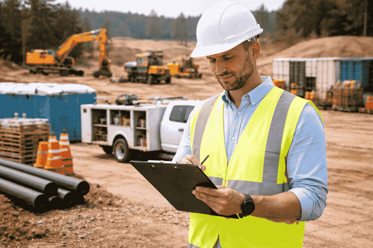Project coordinator reviewing site logistics at an active jobsite. Project coordinator reviewing site logistics at an active jobsite.