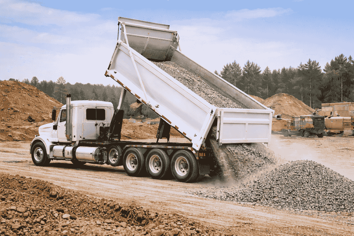 Dump truck unloading material. Dump truck unloading material.
