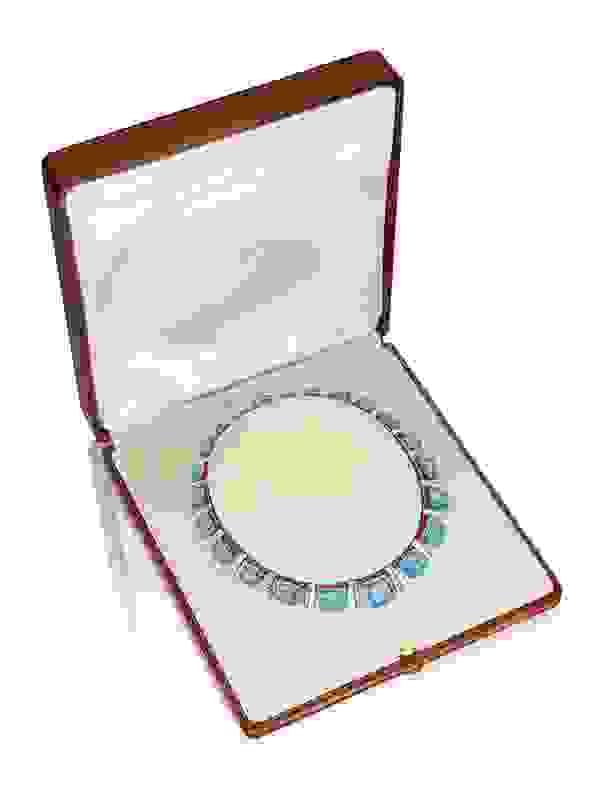 Siegelson’s Jean Fouquet aquamarine necklace in its original case