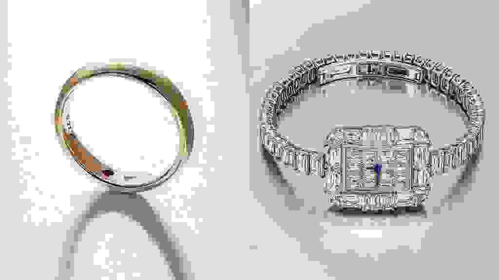 At left is Benny Blanco’s custom Jacob & Co. wedding band with a 0.03-carat ruby and a 0.03-carat aquamarine set in 18-karat yellow gold and, at right, is his 18-karat-white gold, one-of-a-kind Jacob & Co. diamond boutique watch with more than 22 carats of Ashoka-cut diamonds.