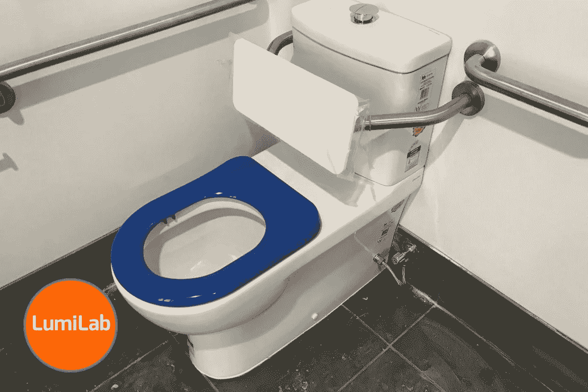 Accessible toilet with a blue seat, grabrails, and a padded backrest in a tiled restroom. Accessible toilet with a blue seat, grabrails, and a padded backrest in a tiled restroom.