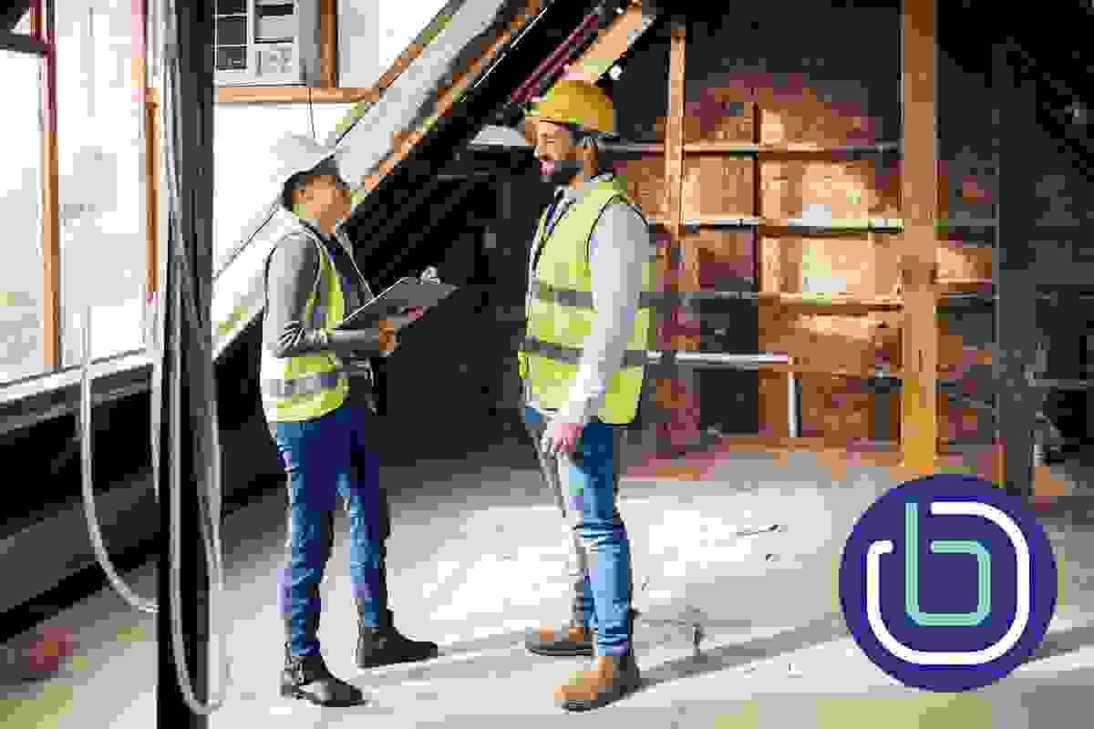 A male and female project manager are both wearing hardhats and high visibility vests and are standing, talking and smiling at eachother A male and female project manager are both wearing hardhats and high visibility vests and are standing, talking and smiling at eachother