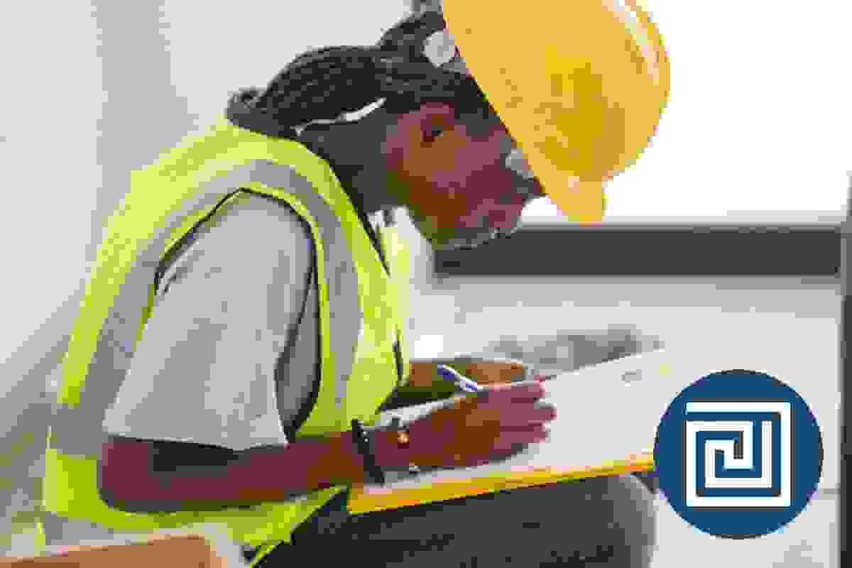 A male access consultant in a hardhat and high visibility vest is seated and taking notes A male access consultant in a hardhat and high visibility vest is seated and taking notes