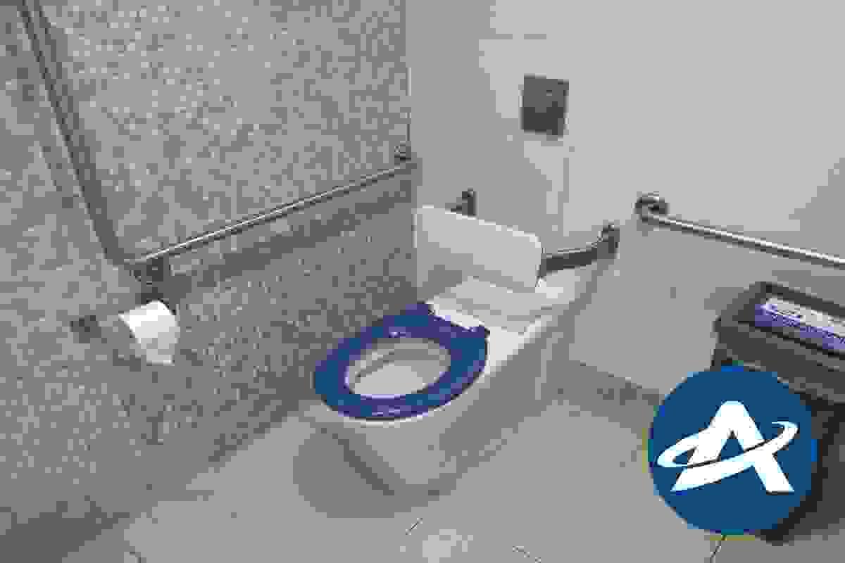 An accessible toilet in a corner of a room with a blue seat and grabrails (2) An accessible toilet in a corner of a room with a blue seat and grabrails (2)