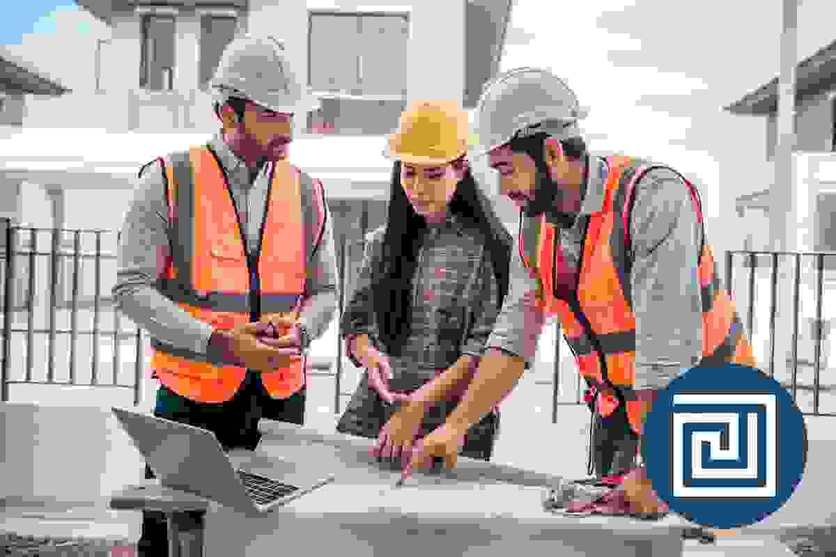 Two men and one female are looking at an architectural drawing on a desk and one is pointing at an issue Two men and one female are looking at an architectural drawing on a desk and one is pointing at an issue