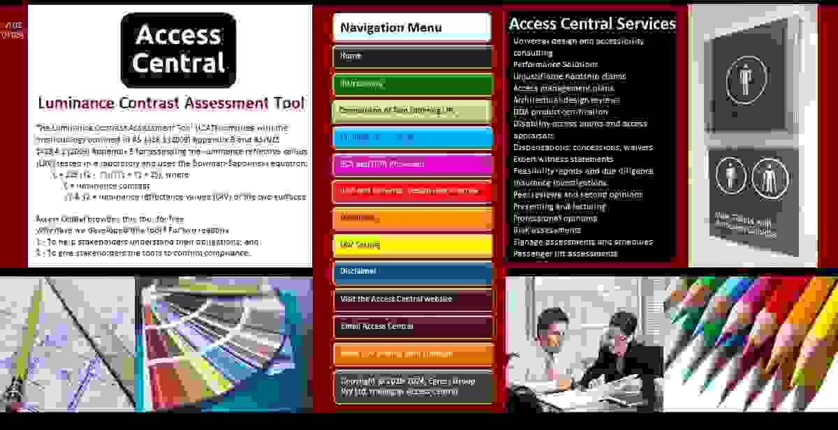 Screen image of the Luminance Contrast Assessment Tool, with coloured menu options and a photo of two business people pointing at a piece of paper Screen image of the Luminance Contrast Assessment Tool, with coloured menu options and a photo of two business people pointing at a piece of paper