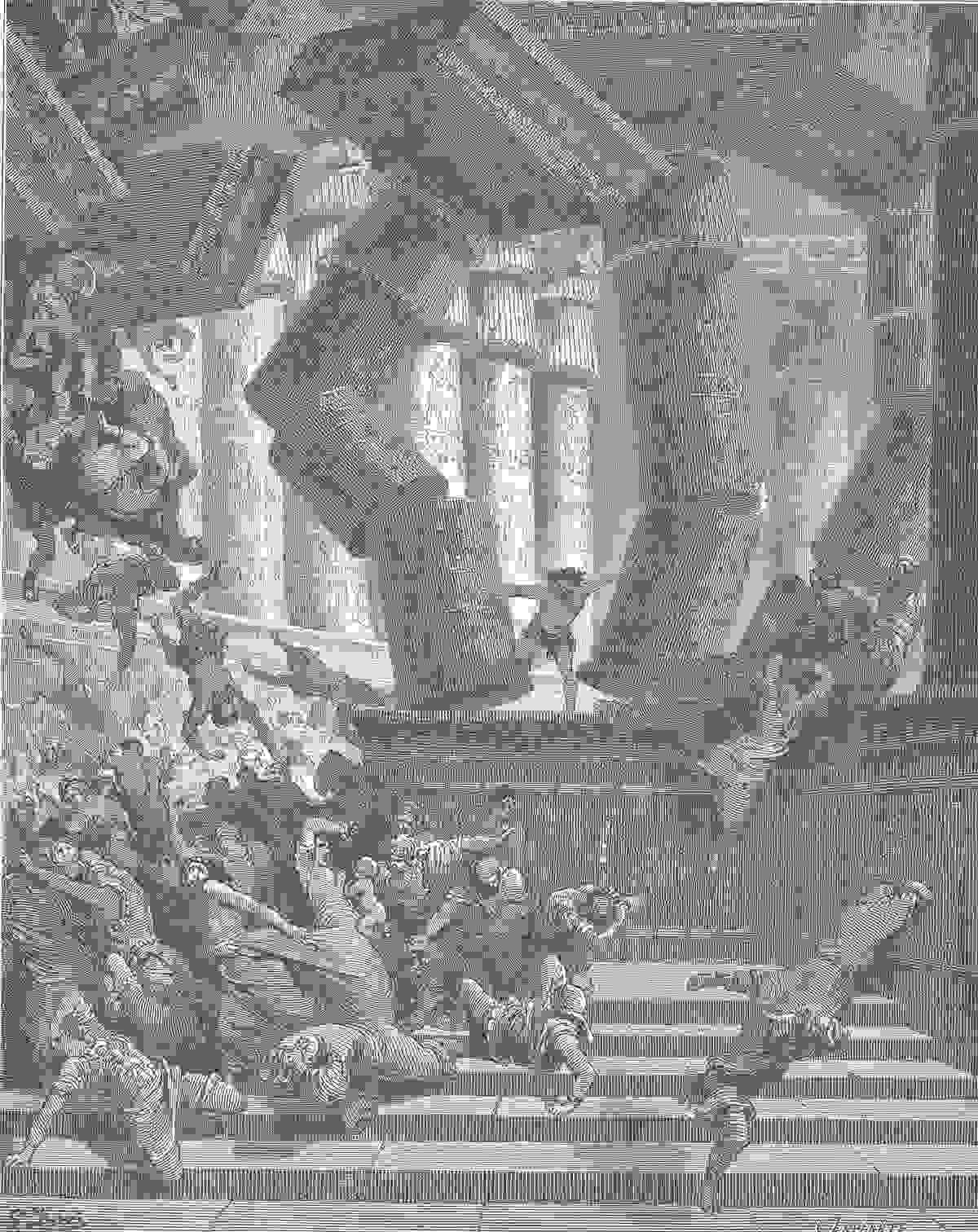參孫是聖經中著名的拿細耳人。本圖由法國畫家古斯塔夫‧多雷 （Gustave Doré，1832–1883)所繪之聖經插畫《參孫之死》（The Death of Samson）。（取自Wikipedia）