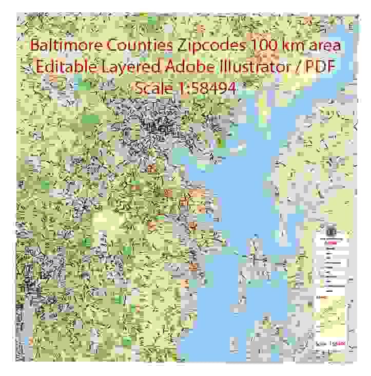 Baltimore MD printable maps, PDF and AI