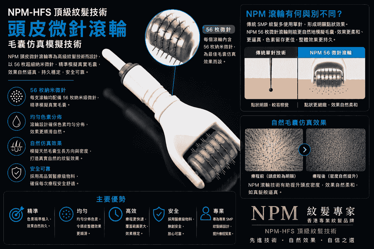 NPM-HFS 56-needle scalp roller technology for scalp micropigmentation and follicle simulation in Hong Kong. NPM-HFS 56-needle scalp roller technology for scalp micropigmentation and follicle simulation in Hong Kong.