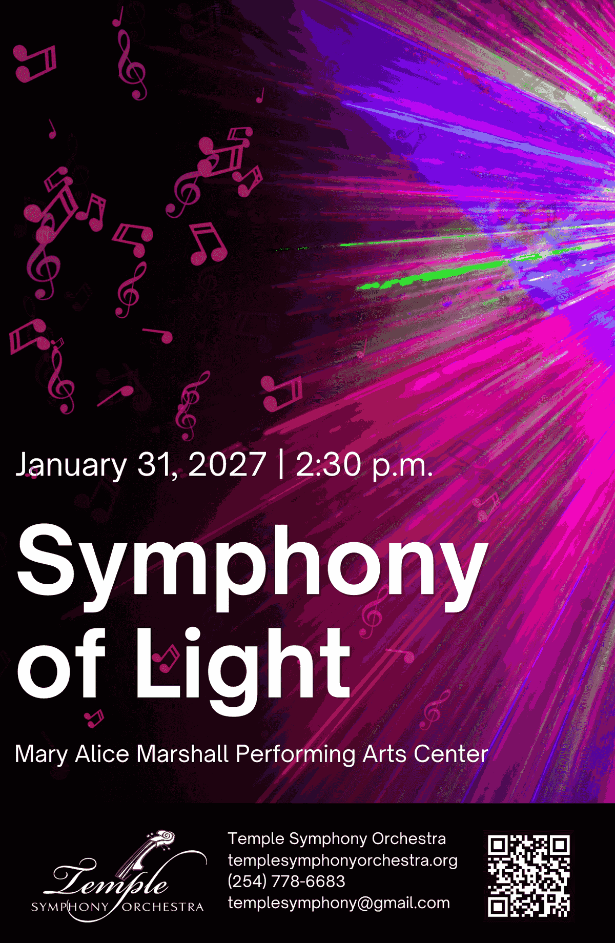 Temple Symphony Orchestra Jan. 31, 2027 Symphony of Light concert poster with floating colorful musical notes Temple Symphony Orchestra Jan. 31, 2027 Symphony of Light concert poster with floating colorful musical notes