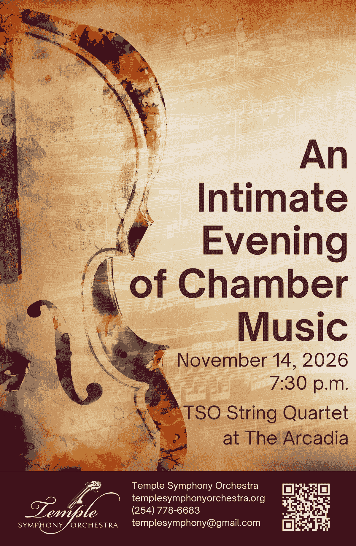 Temple Symphony Orchestra Nov. 14th- An Intimate Evening of Chamber Music poster with a colorful string instrument photo Temple Symphony Orchestra Nov. 14th- An Intimate Evening of Chamber Music poster with a colorful string instrument photo