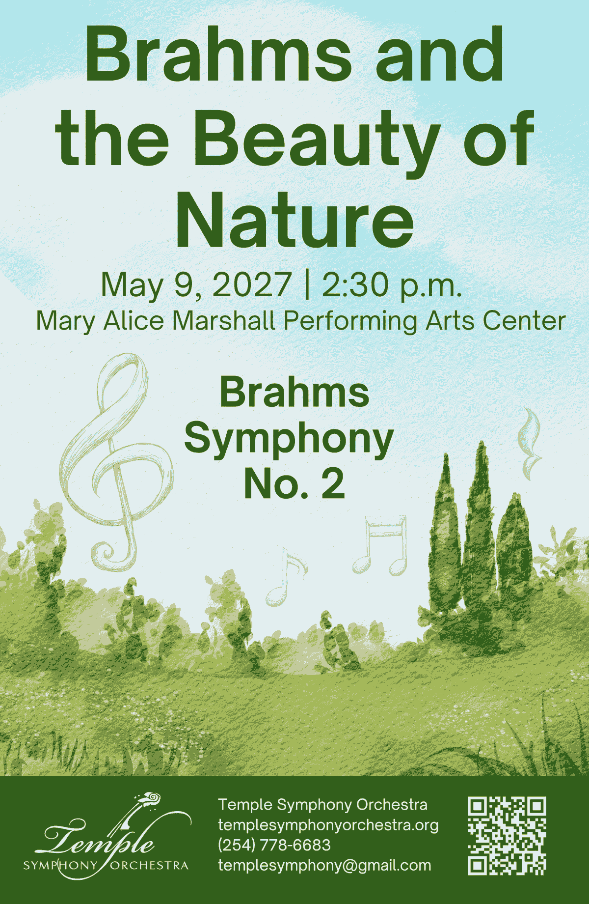 Temple Symphony Orchestra May 9, 2027 The Beauty of Nature concert poster with a watercolor pastoral landscape and sketch floating musical notes Temple Symphony Orchestra May 9, 2027 The Beauty of Nature concert poster with a watercolor pastoral landscape and sketch floating musical notes