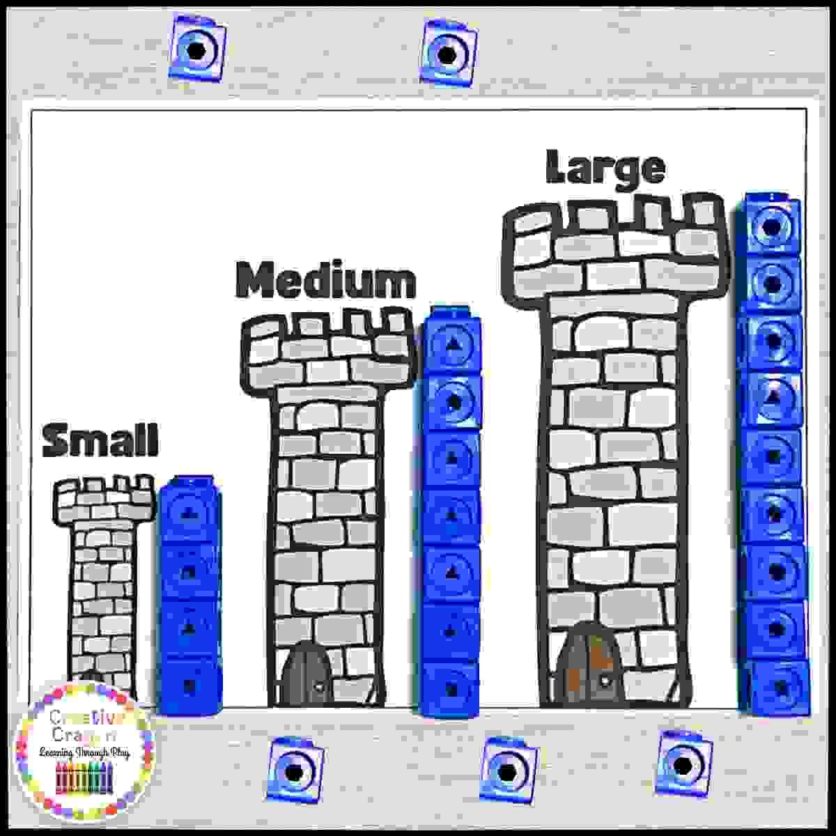 Castle Tower Size Sort – students build and compare tower sizes with block play on a measurement mat