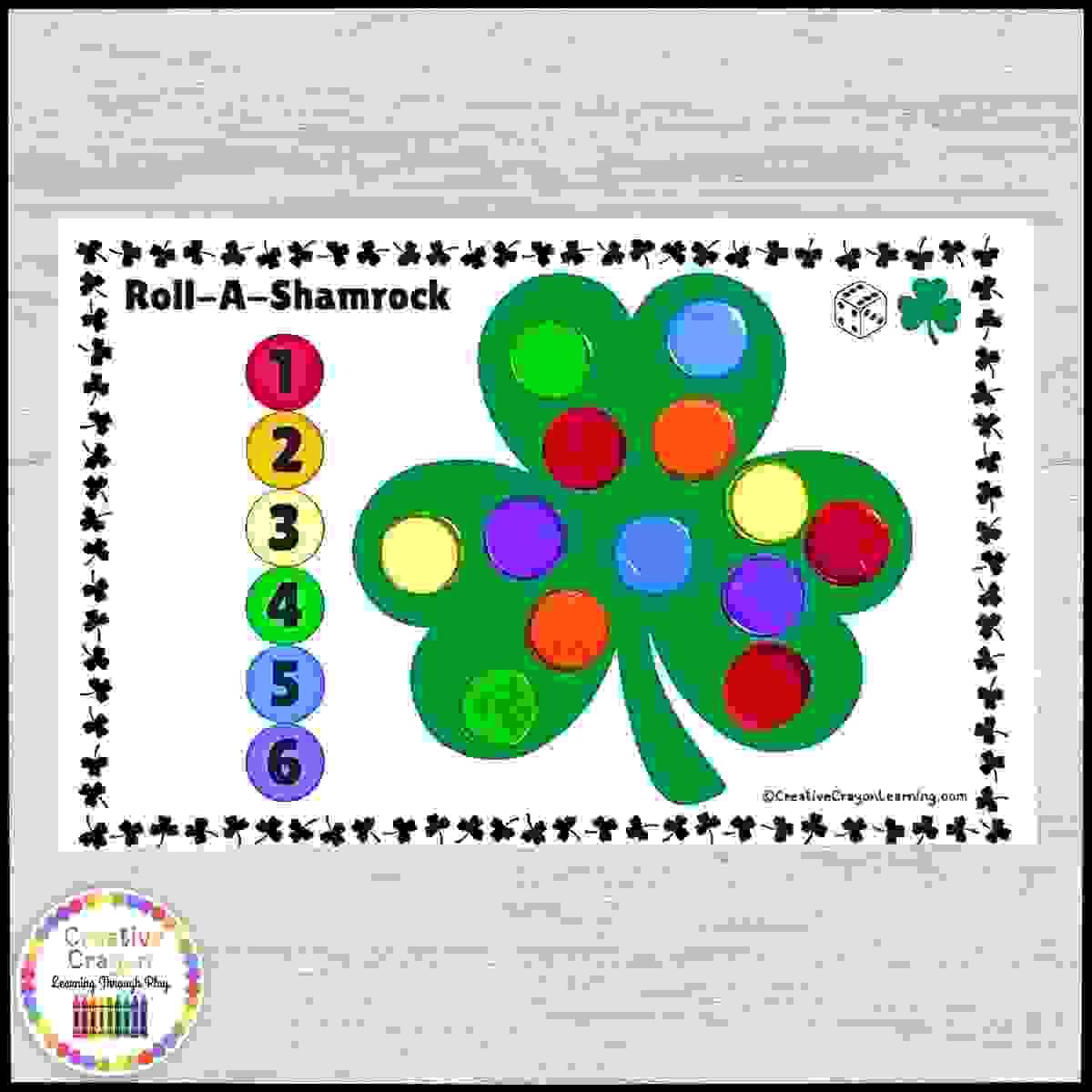 Dice and number recognition shamrock game for St. Patrick’s Day kindergarten math center.
