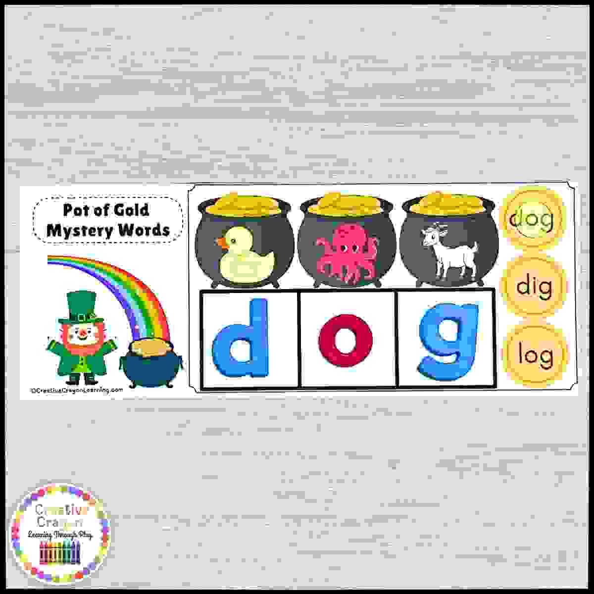  CVC phonics activity for St. Patrick's Day where students build words in letter boxes from picture clues.