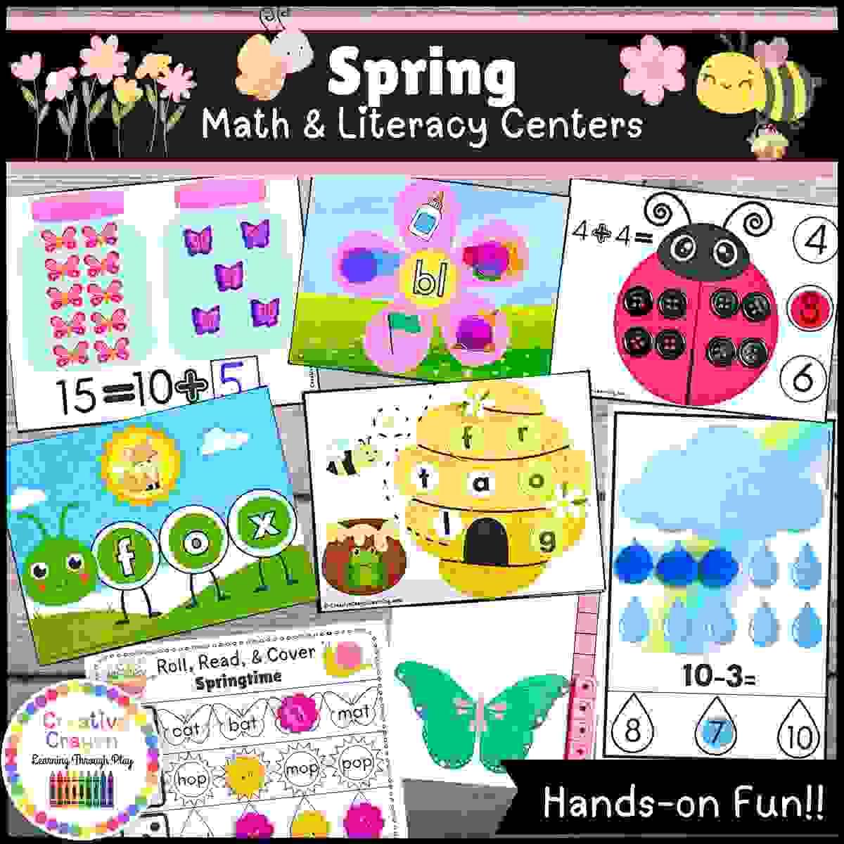Spring Literacy and Math Centers Bundle for Kindergarten – Hands-on activities including CVC word games, counting, measuring, and fine motor practice for fun seasonal learning