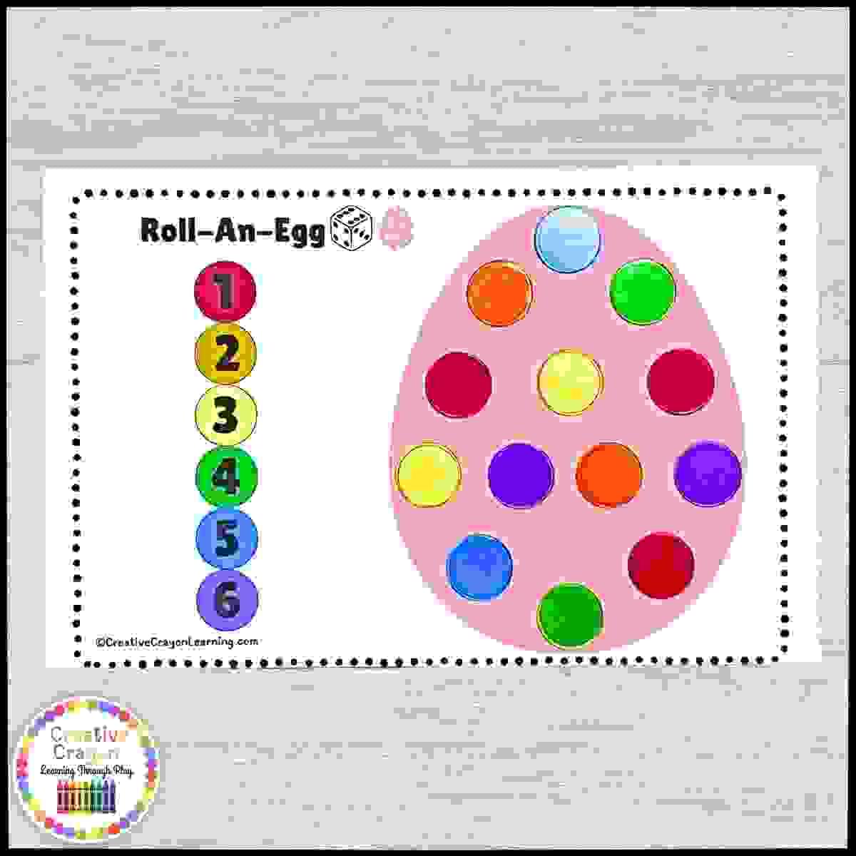 Kindergarten spring math center with Easter egg number mat and dice for practicing counting and number recognition