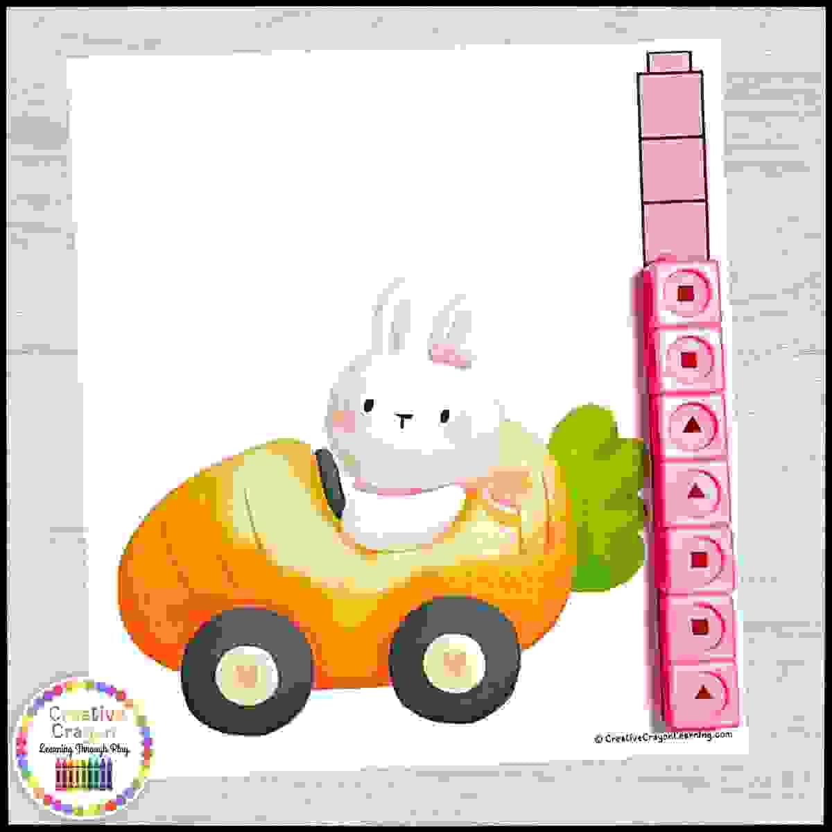 Bunny-themed measuring activity for kindergarten using math link cubes and printable measuring cards