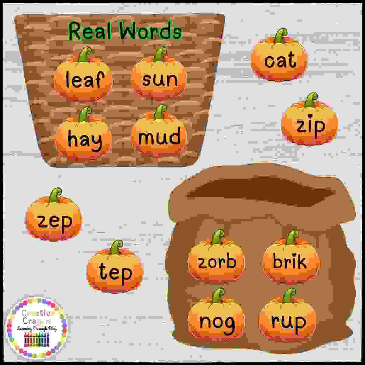 Pumpkin-themed CVC word sort for kindergarten with real and nonsense word sorting mats.