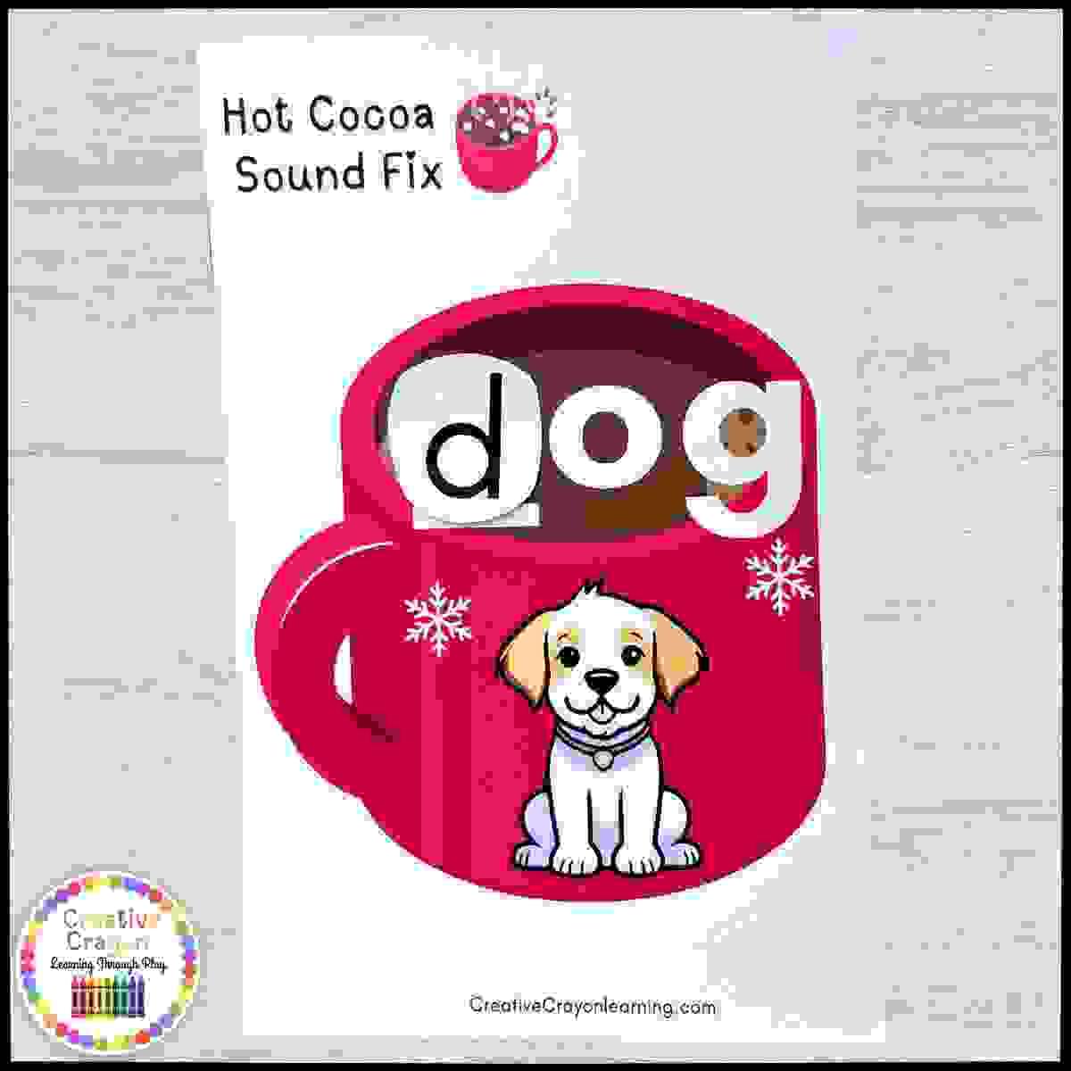 Hot cocoa phonics activity for kindergarten with marshmallow letter cards and sound cups for beginning, middle, and ending sounds.