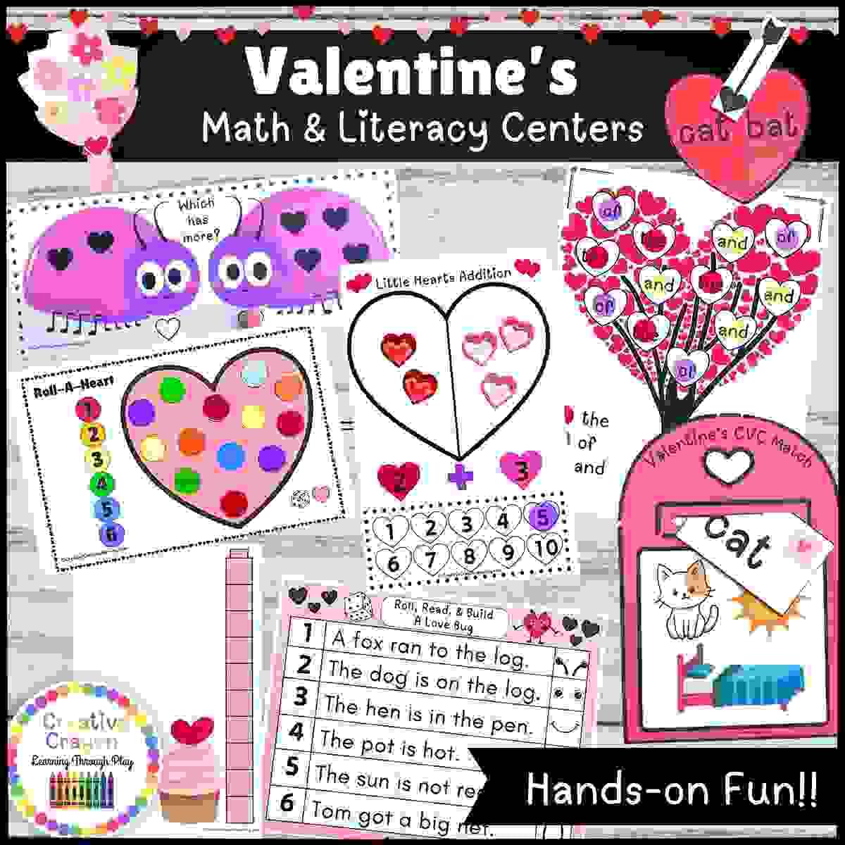 Valentine’s Day kindergarten centers bundle with 12 printable hands-on math and literacy activities