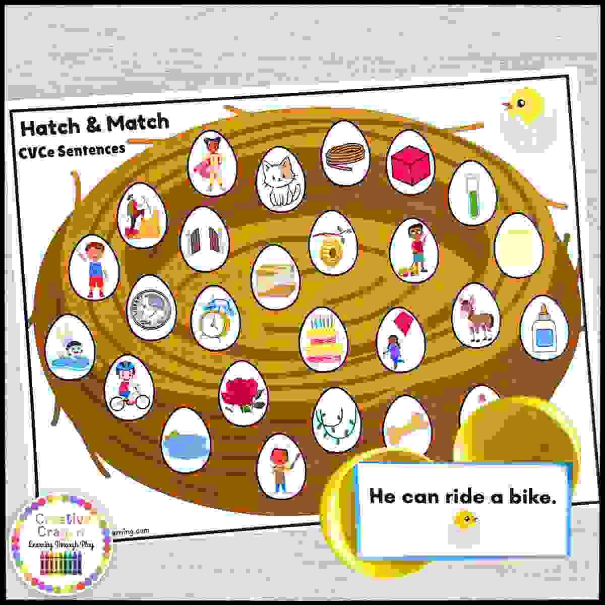 CVCe sentence matching activity for Kindergarten and 1st grade using plastic eggs and decodable sentences from Chick Hatch & Match literacy center.