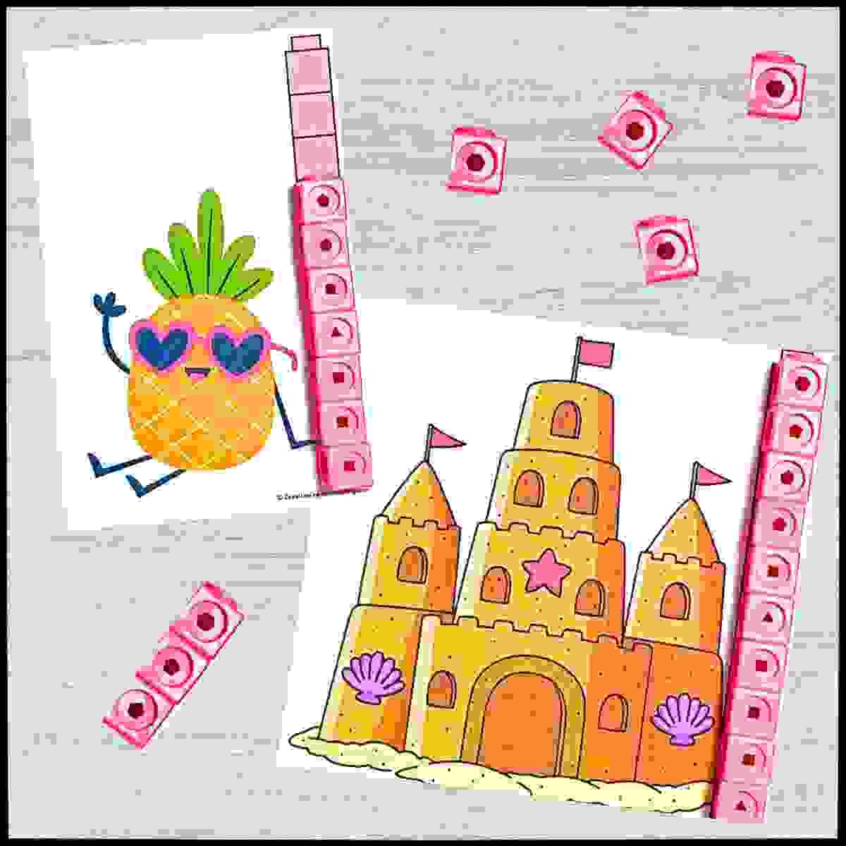 Nonstandard summer measuring activity for kindergarten with themed measuring cards and cubes.