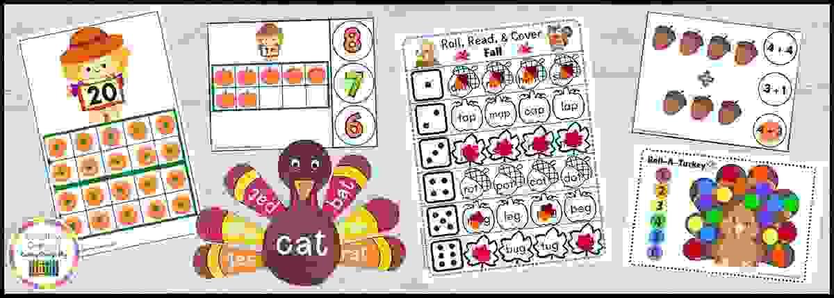 Kindergarten fall math and literacy centers preview with pumpkin ten frames, turkey rhyming, and Roll-a-Turkey activities