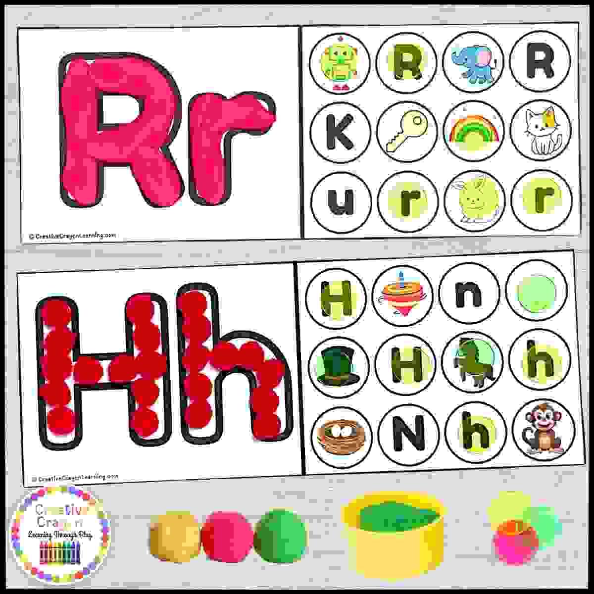 Hands-on letter formation and beginning sound matching activity for kindergarten using tracing, Playdough, and manipulatives.