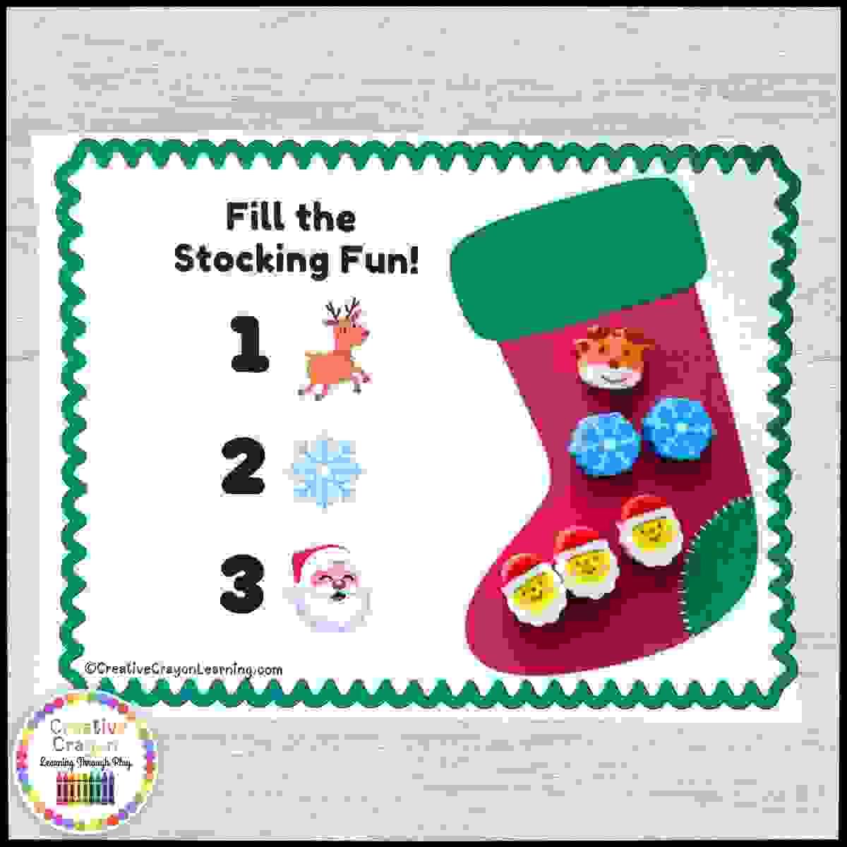 Kindergarten students engaging in a stocking-themed counting activity using mini erasers