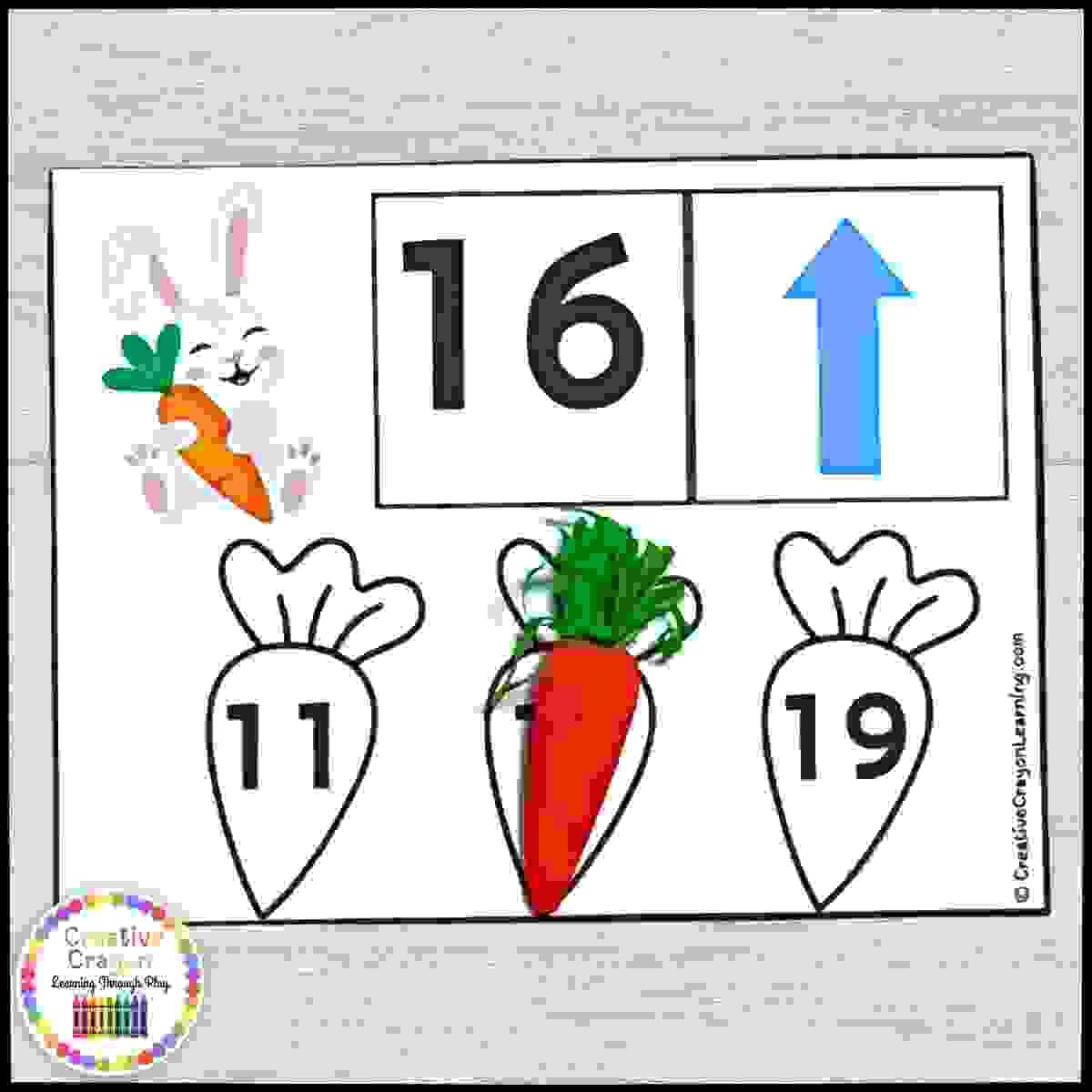 Kindergarten spring math center with bunny-themed clip cards for comparing numbers and building number sense 1–20