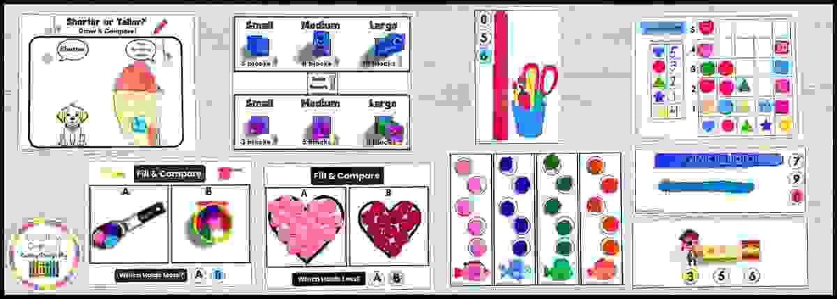 Full kindergarten measurement center pack – 14 hands-on activities for size, length, weight, graphing, and sorting.