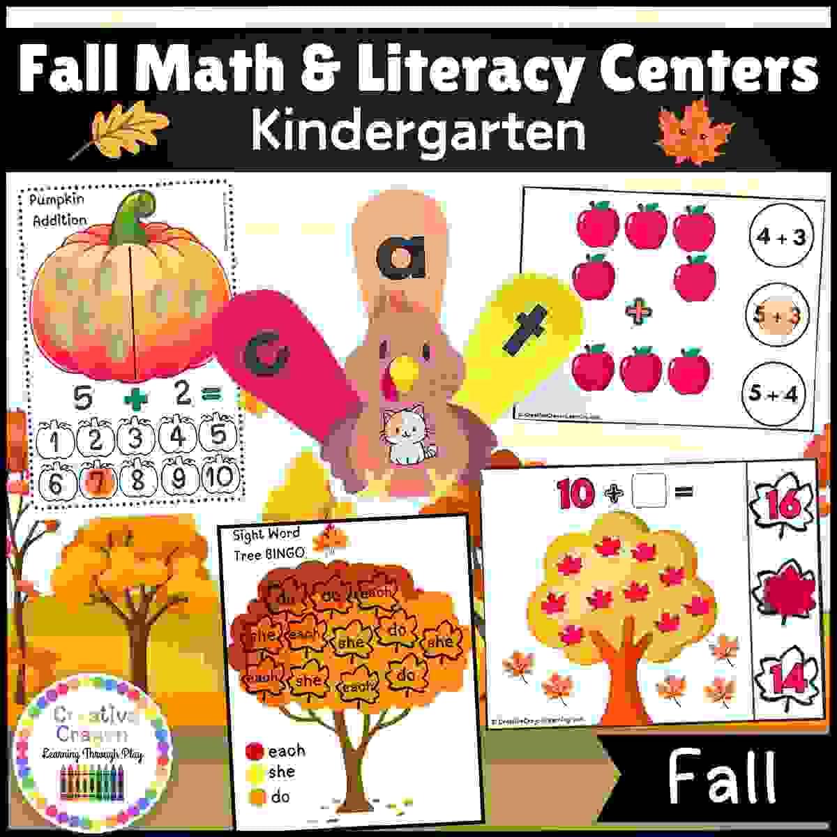 Printable hands-on fall math and literacy centers bundle for kindergarten with pumpkins, turkeys, CVC words, and hands-on fall games.