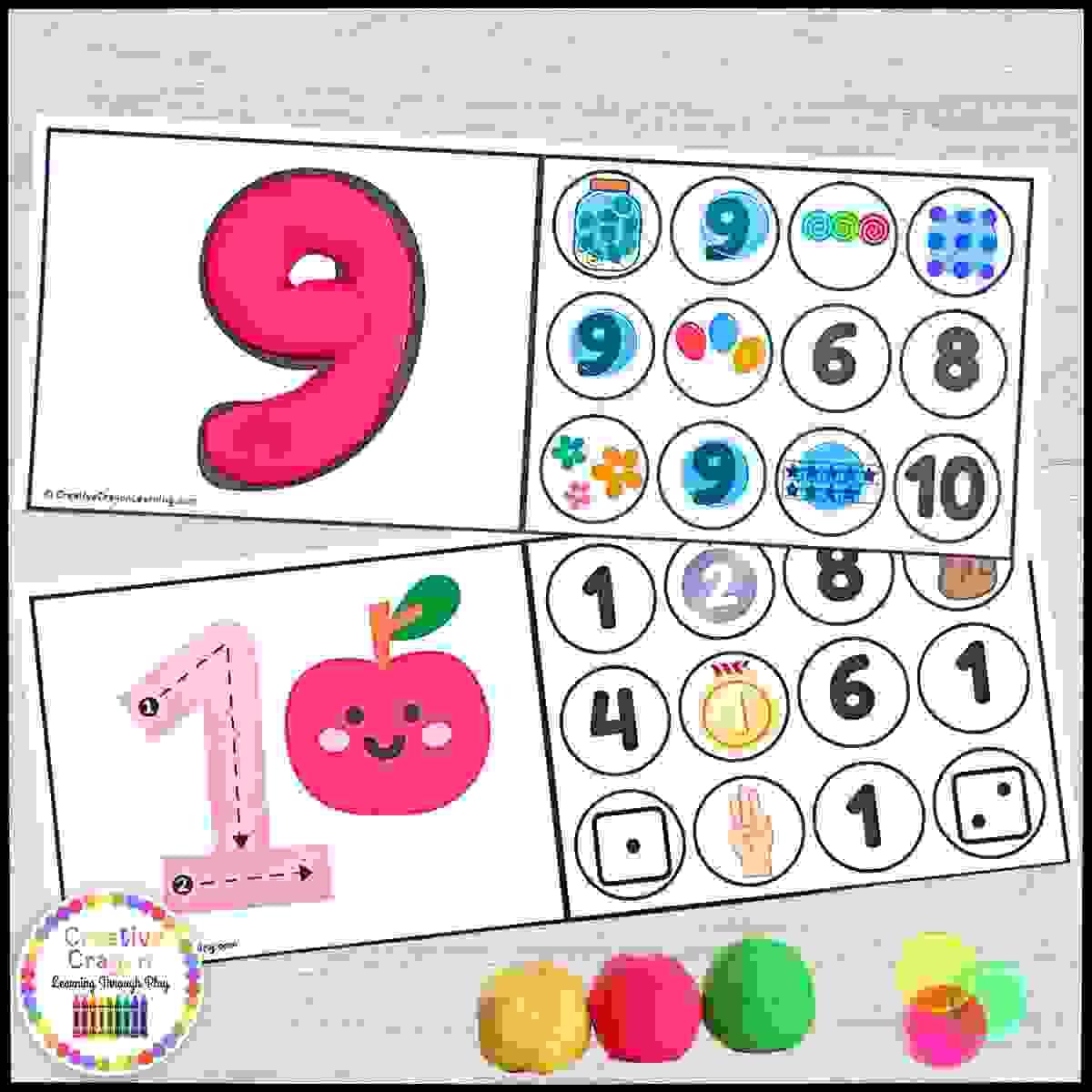 Hands-on number formation and recognition math center for kindergarten with Playdough and matching counting sets.