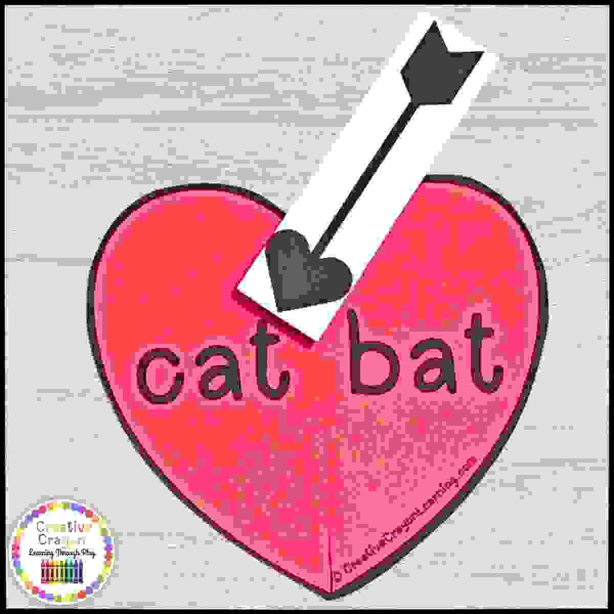 Valentine’s Day rhyming activity for kindergarten, matching heart-shaped CVC words with Cupid’s arrow clips to build phonemic awareness.