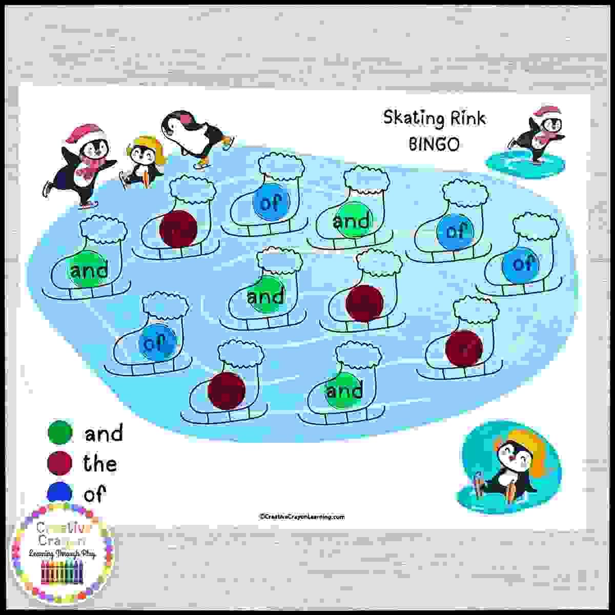  Skating rink sight word BINGO for kindergarten with ice skates and color-coded Fry words.
