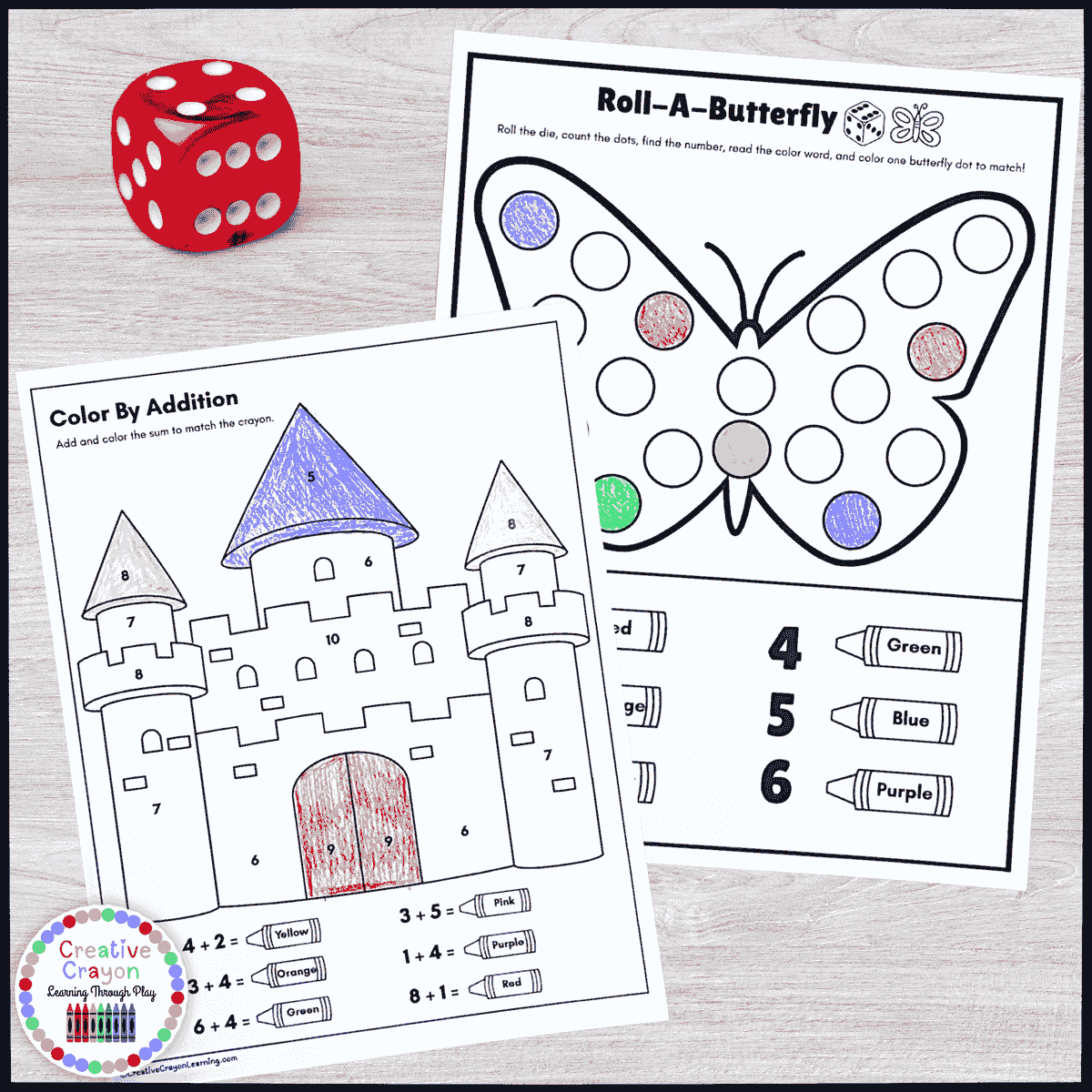 Printable summer math review for kindergarten featuring counting, addition, one more/one less, and color-by-number activities.