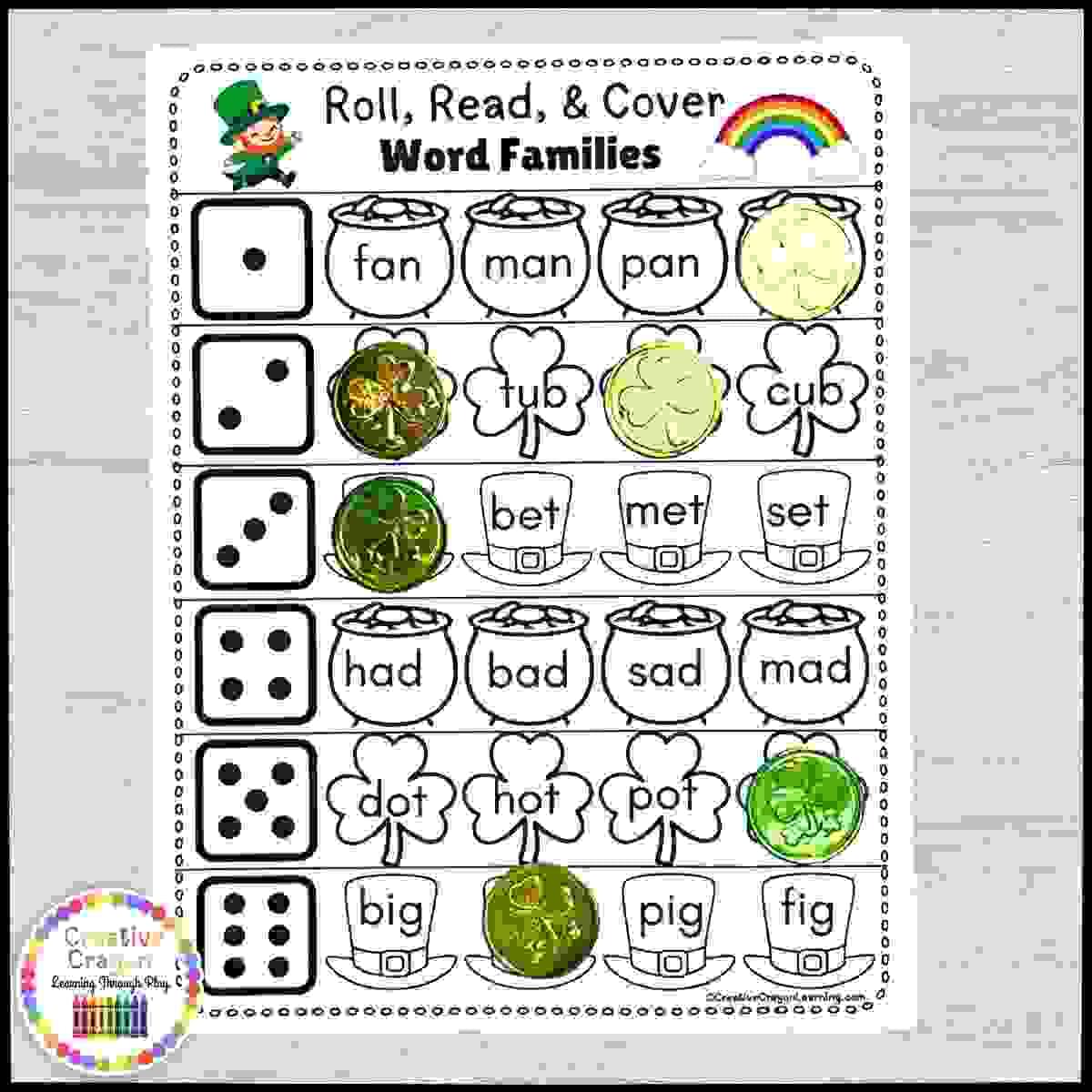 Roll, read, and cover CVC word game for kindergarten with St. Patrick’s Day theme.