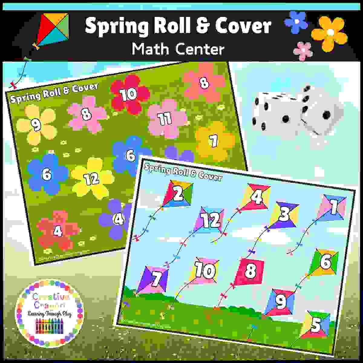 Spring-themed Roll and Count free printable for kindergarten featuring dice, number recognition, and hands-on math practice with flower graphics.