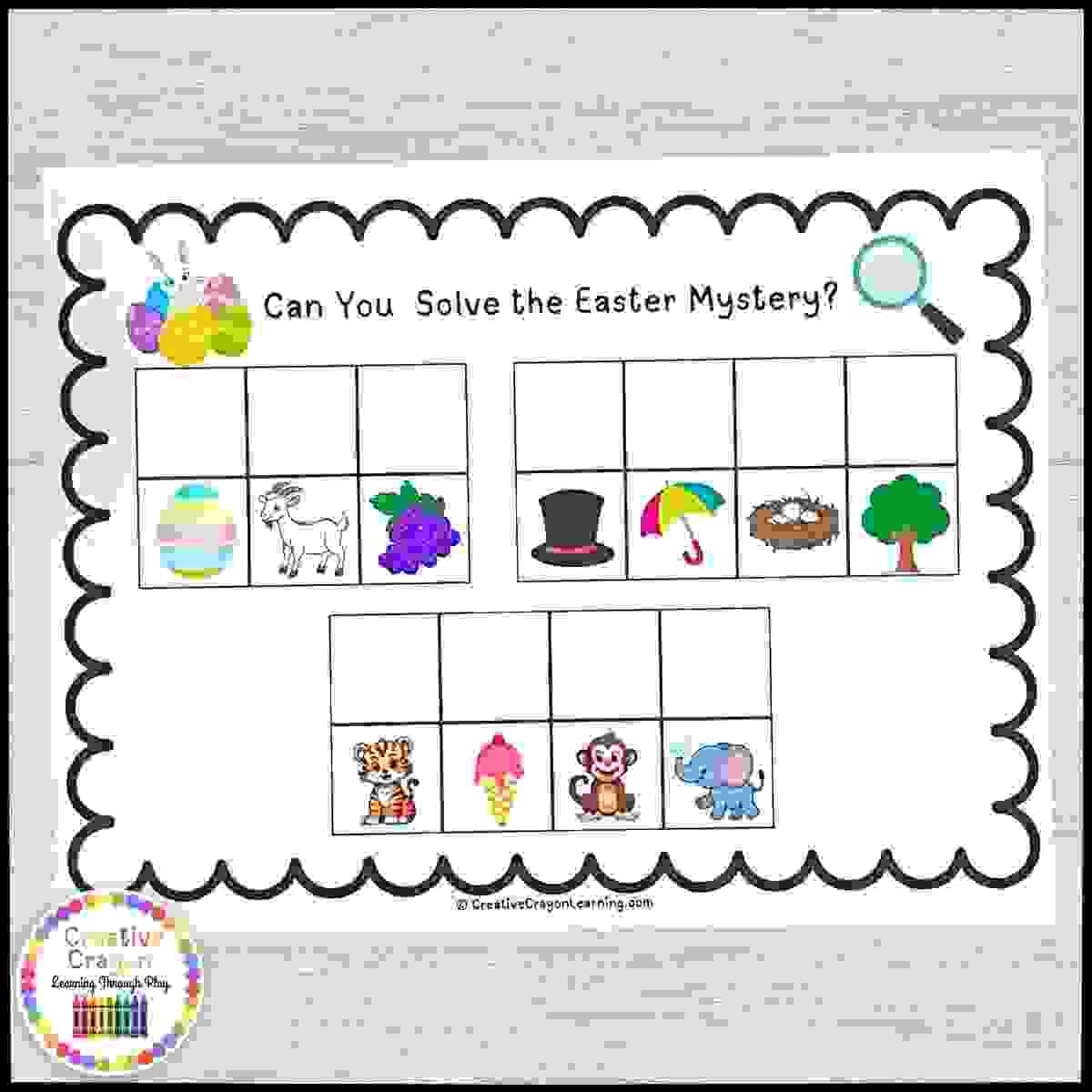 Easter beginning sounds activity for kindergarten with picture-to-letter matching and phonics-based code cracking pages