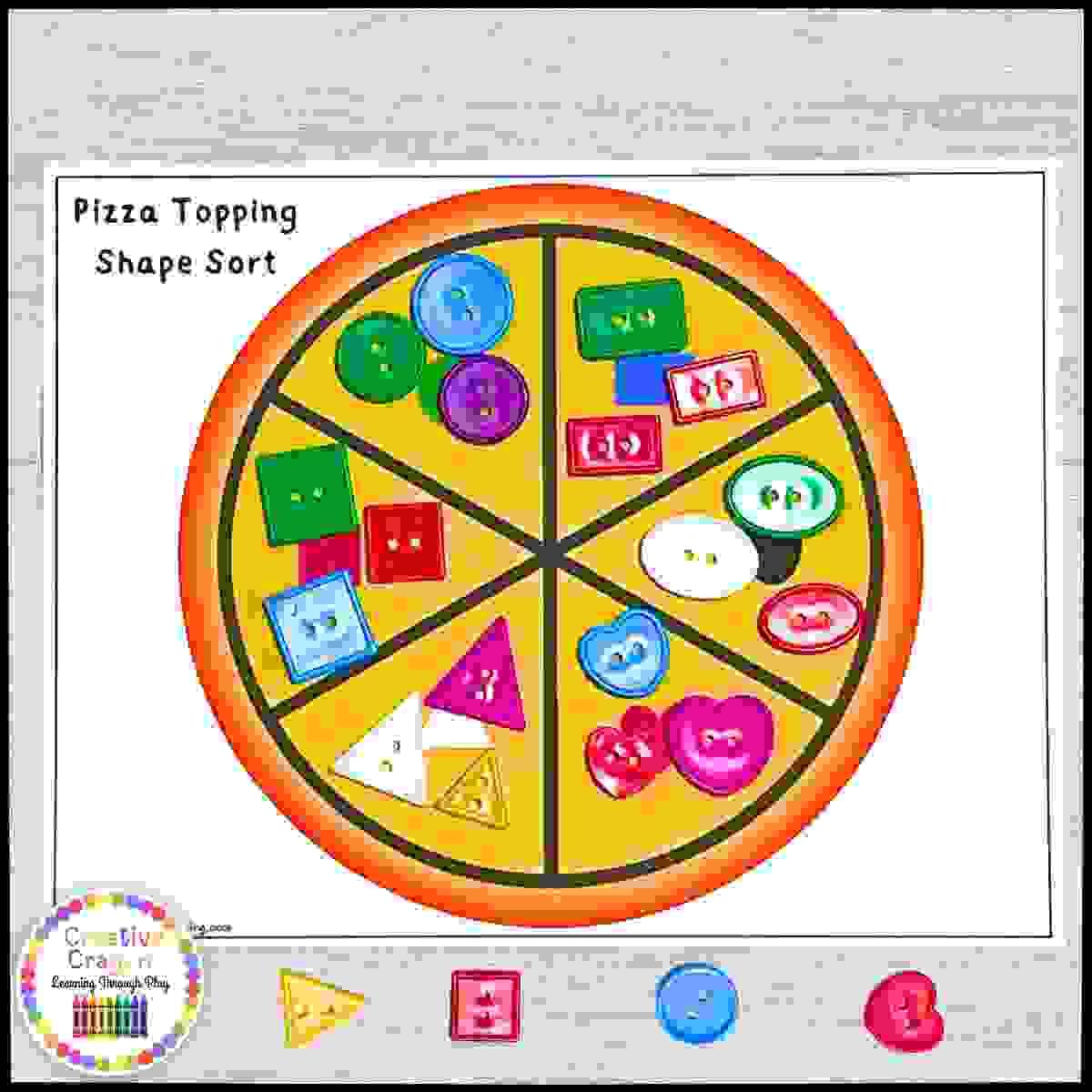 Pizza Shape Sorting Mat – children sort shape buttons onto a pizza slice for hands-on kindergarten geometry practice.