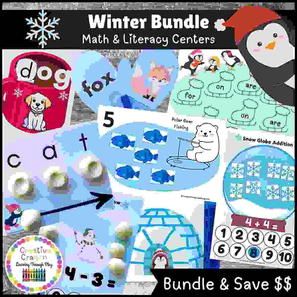 Winter Math and Literacy Centers Bundle for Kindergarten with hands-on snow-themed activities for January learning.