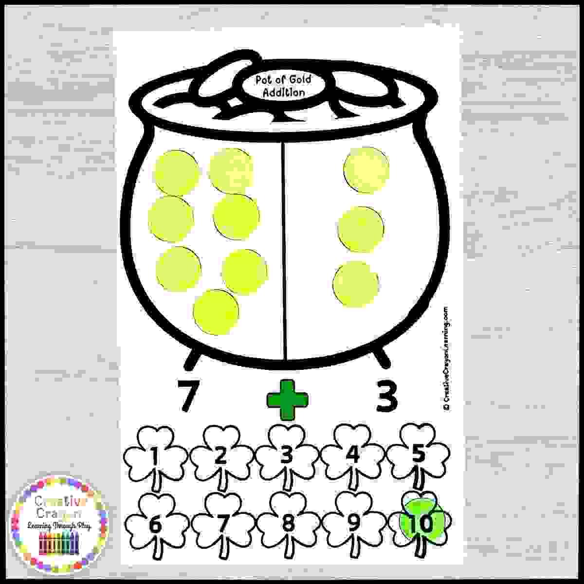 St. Patrick’s Day addition math center for kindergarten using gold bingo chips and clover mats to build early addition skills with hands-on counting.
