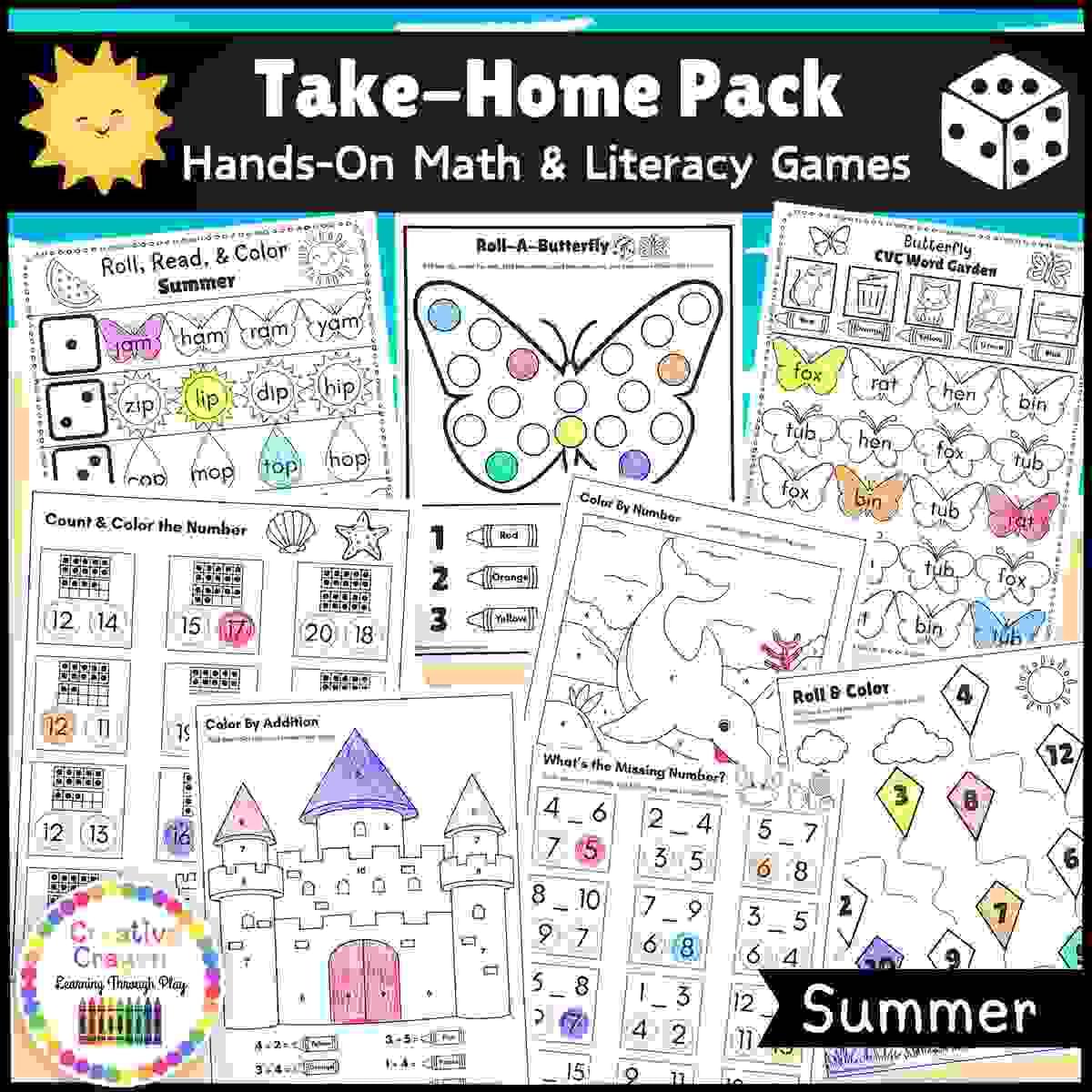 Printable summer take-home packet for kindergarten with math and literacy games for review.