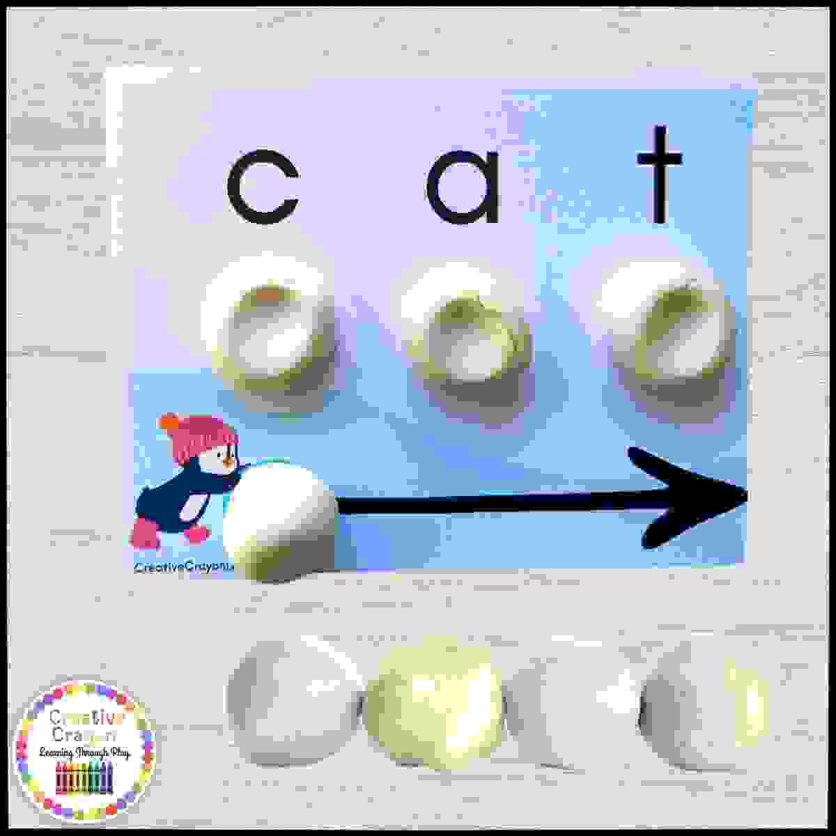 Kindergarten winter CVC word activity using Playdough snowballs to blend and decode simple words.
