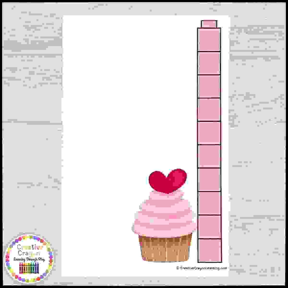 Nonstandard Valentine’s Day measuring center for kindergarten with math link cubes and themed cards like heart balloons and birds.