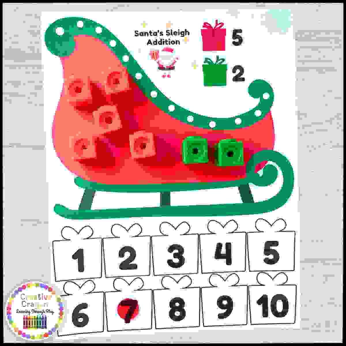 Kindergarten addition activity featuring Santa's sleigh and present counters for hands-on math practice