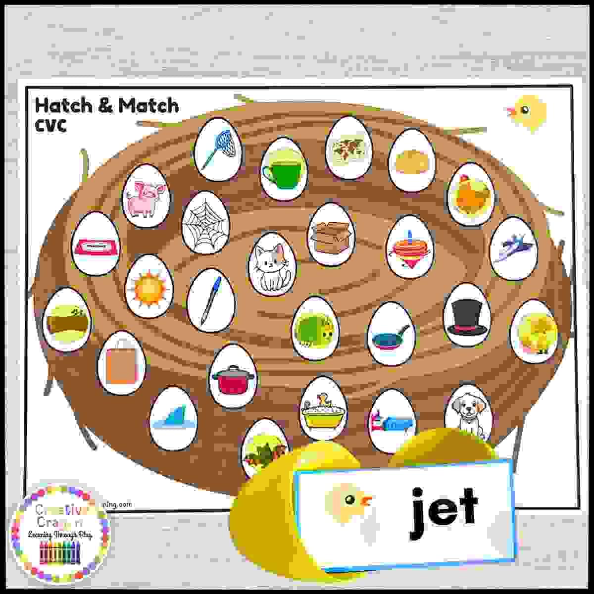 Spring CVC word matching activity for PreK, Kindergarten, and 1st grade with plastic egg and CVC word strip from Chick Hatch & Match literacy center.