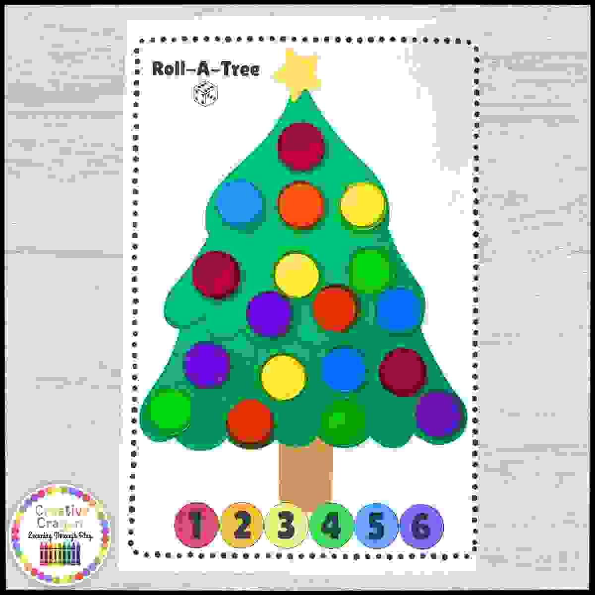 Kindergarten math activity where students roll dice and decorate a Christmas tree with bingo chips